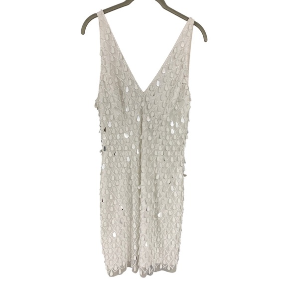 Liv Foster Dresses & Skirts - Liv Foster Beaded Sequin Lattice V-Neck Mini Dress Ivory Silver Size 6